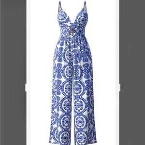 Cupshe Blue & White Printed Wide-Leg Jumpsuit